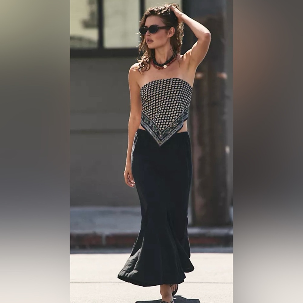 NWT FREE PEOPLE FREE EST MERMAID LINEN MAXI SKIRT BLACK XS